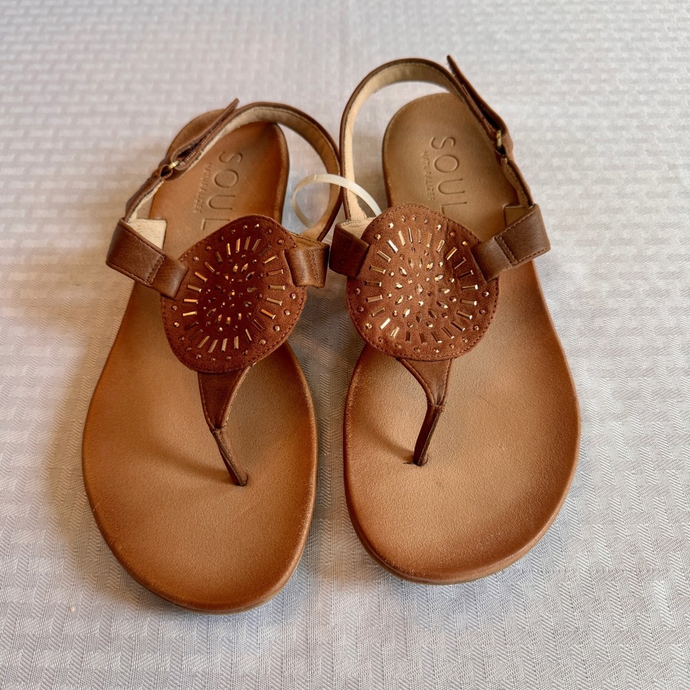 SOUL Naturalizer Brown Medallion Thong Sandals Boho Studded Slingback Womens - Picture 1 of 9